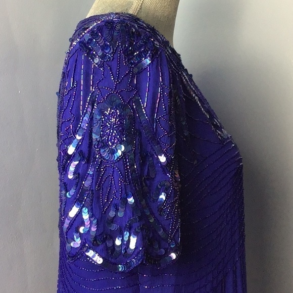 Vintage Laurence Kazar Blue Silk Sequined Scalloped Blouse size Large - Picture 4 of 8